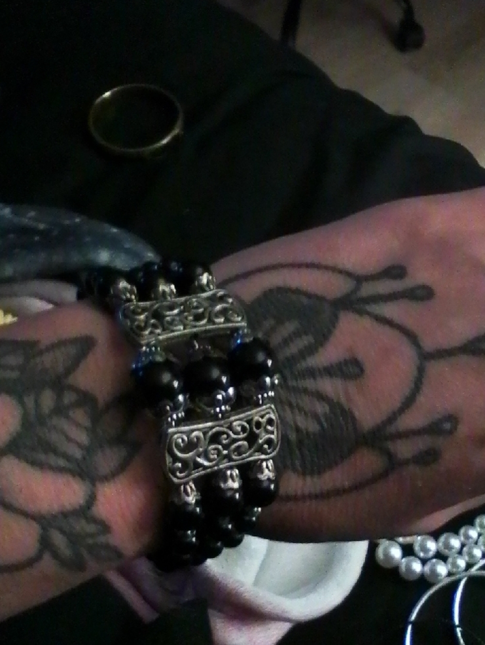 Black Beaded Stretch Bracelet with Silver Filigree Accents